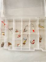 Overall view of tackle box showing multiple small lures in compartments