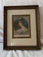 Full view of framed etching showing mat and frame