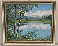 Full view of framed oil on board landscape painting