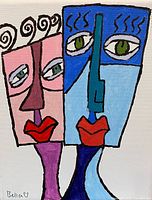 Front view of the acrylic painting showing two abstract faces and artist signature