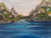 Full painting showing waterscape scene and signature