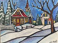 Full view of framed oil on wood folk art winter village scene