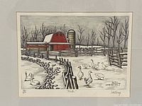 Close view of print showing barn scene, edition number 60⁄200, artist signature