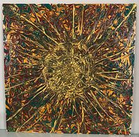 Full view of square abstract painting on wood panel