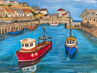 Front view of painting showing entire harbor scene composition