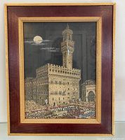 Full view of framed needlepoint showing Palazzo Vecchio scene