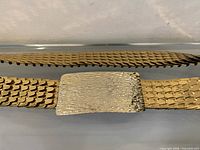Full view of gold-tone scale link belt with rectangular buckle