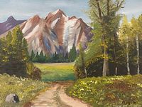 Close-up left side showing mountains, trees, meadow, brushwork detail