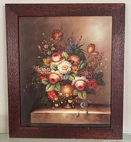 Framed floral still life painting full view