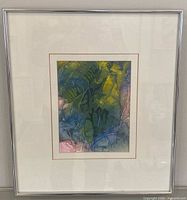 Full view of framed watercolour in silver frame with mat