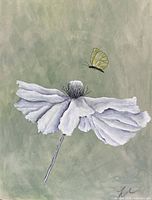 Full view of watercolor showing white flower stem, central seed head and hovering butterfly