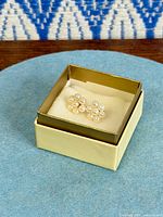 Earrings in presentation box showing pearl clusters
