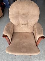 front view of beige microfiber wood frame glider chair