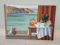 Front view of entire Kenneth Evett oil painting showing still life and seascape