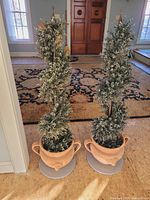 Both terracotta urn planters with dried topiary trees upright on floor