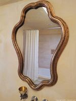 Front view of gilded wood serpentine wall mirror mounted on wall
