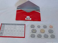 Opened folder with specification card and 10 coins in plastic sleeve