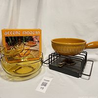 Full lot showing glass chip & dip set with box and stoneware fondue on stand