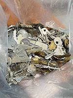 Full view of plastic bag filled with mixed metal keys