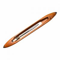 Full view of wooden shuttle showing overall shape and metal rod