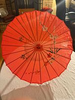 Top view of open parasol displaying full floral artwork