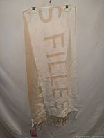 Full view of tan and ivory logo scarf hanging, showing fringe