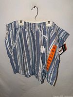 Front view of striped shorts on hanger