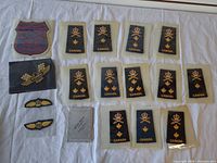 All items laid out including military slip-ons, sports patch, Ford patch, aviation wings and menu booklet