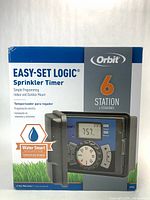 Front of retail box showing Orbit Easy-Set Logic 6-Station Sprinkler Timer