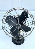 Full view of Emerson Electric desk fan showing blades, cage and base
