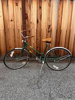 Full view of green vintage women’s bicycle