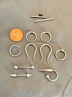 Complete assortment of surgical steel body piercing jewelry laid out with penny for scale
