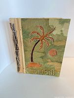 Front cover showing palm tree design, twine binding, leaf veneer