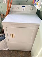 Front view of Maytag white dryer
