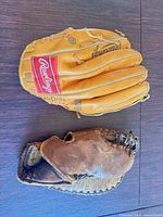 Top view of both gloves showing Rawlings tan glove and MacGregor brown mitt