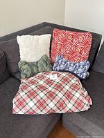 All items grouped on grey couch
