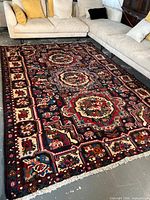 Full view of entire handmade wool carpet showing size, border, colours and fringe