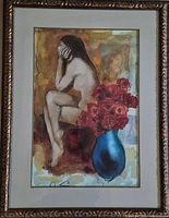 Full view of framed signed mixed media painting depicting seated nude with blue vase of red roses