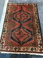 Full view of Persian wool rug showing pattern, colors, border and fringe