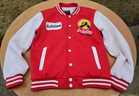 Full front view of red and white varsity jacket