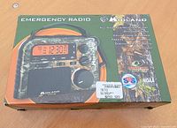 Front of retail box showing radio image, brand, features and price tag