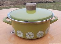 Side view of olive green enamel pot with lid showing white geometric motif.