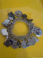 Full view of charm bracelet showing assorted charms and double-chain construction