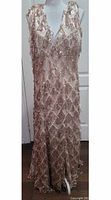 Front full view of the rose gold sequin fringe gown