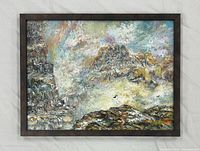 Front view of framed acrylic painting on glass showing artwork, frame, signature