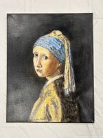 Full view of pastel and charcoal portrait painting depicting woman with blue headscarf and pearl earring
