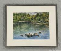 Front view of framed watercolour showing artwork, mat and frame