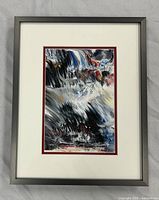 Framed abstract acrylic dip painting with mat and frame visible
