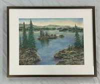 Full view of framed pastel landscape painting in metallic frame