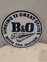 Front of round B&O sign showing text and graphic